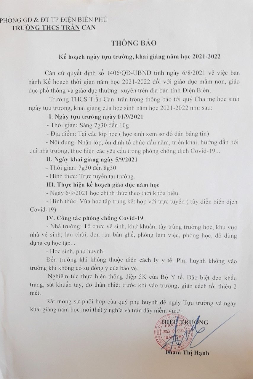 Thông báo tựu trường năm học 2021 - 2022