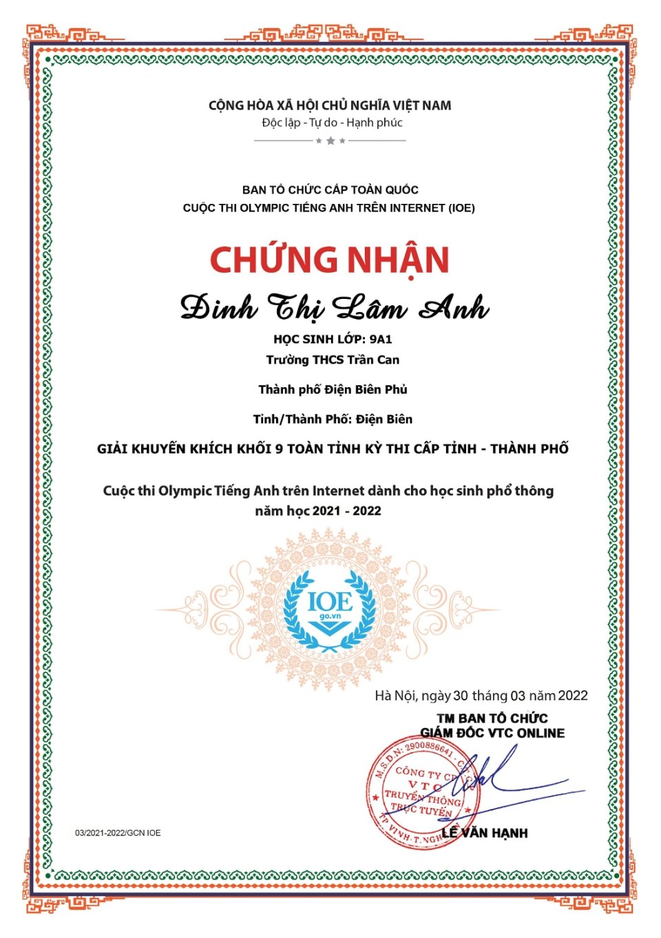 Kết quả thi vật lí và tiếng anh trên mạng của Trường THCS Trần Can năm học 2021-2022.