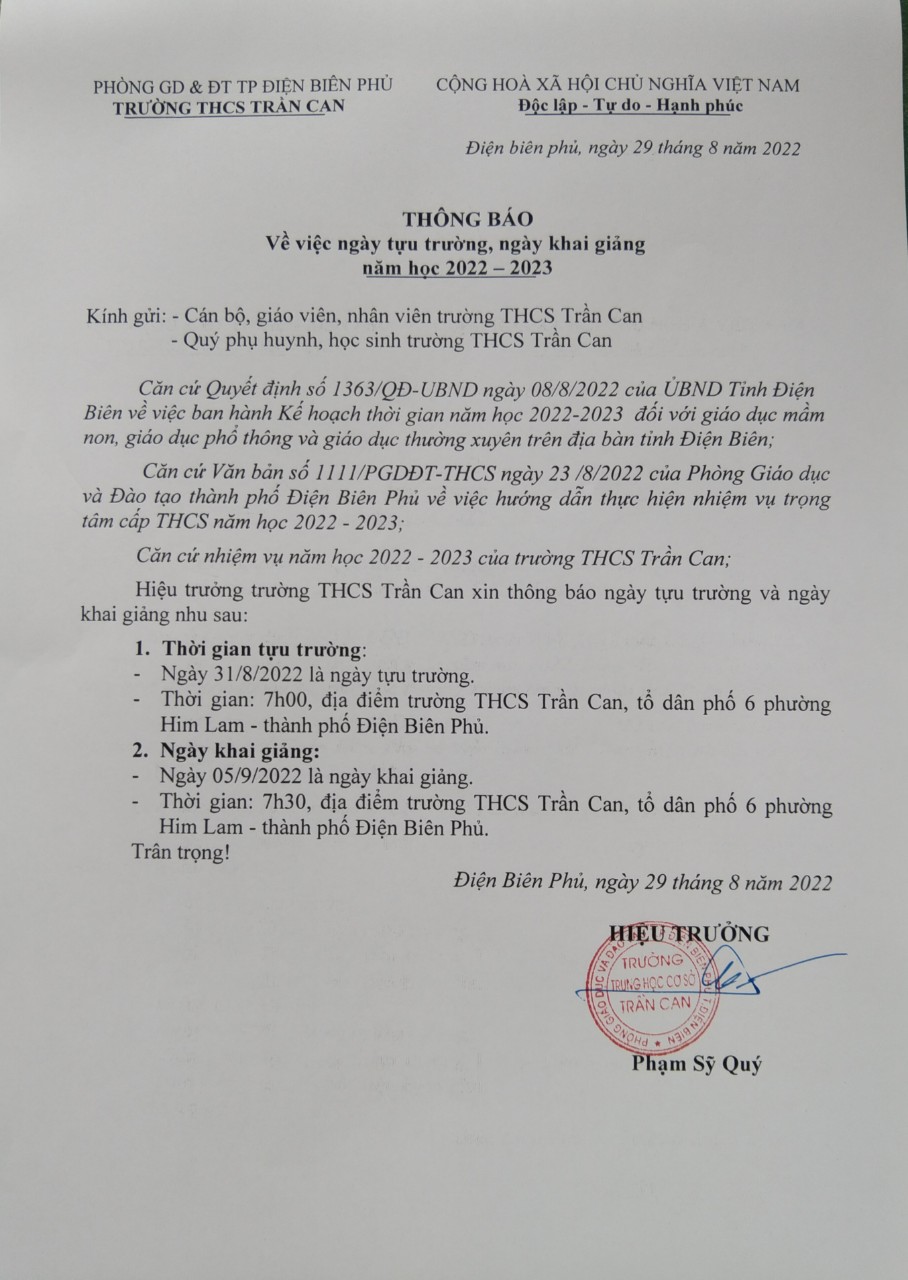 Thông báo ngày tựu trường và khai giảng năm học mới 2022-2023