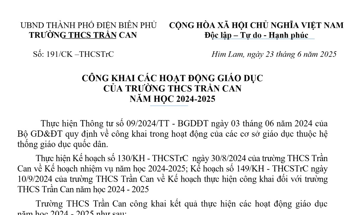 Công khai các hoạt động giáo dục của trường THCS Trần Can Năm học 2024-2025