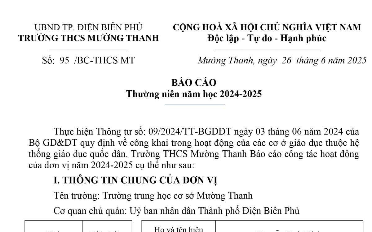 Báo cáo thường niên năm học 2024-2025 - Trường THCS Mường Thanh