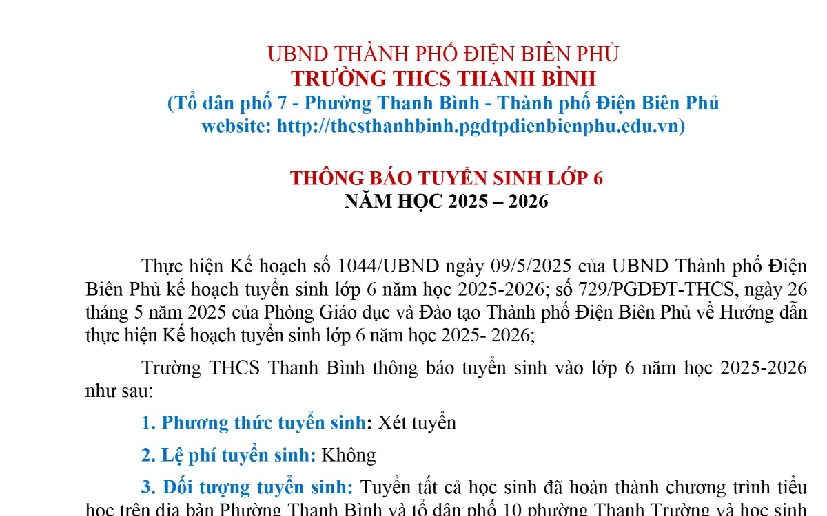 Thông báo và kế hoạch tuyển sinh năm học 2025 - 2026 trường trung học cơ sở Thanh Bình