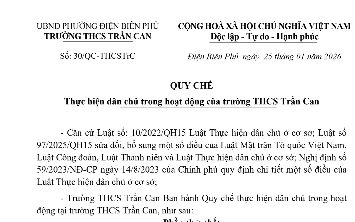 Quy chế thực hiện dân chủ trong hoạt động của trường THCS Trần Can