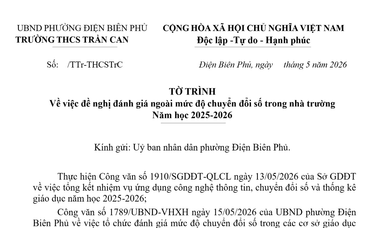 Tờ trình về việc đề nghị đánh giá ngoài mức độ chuyển đổi số trong nhà trường Năm học 2025-2026 - Trường THCS Trần Can