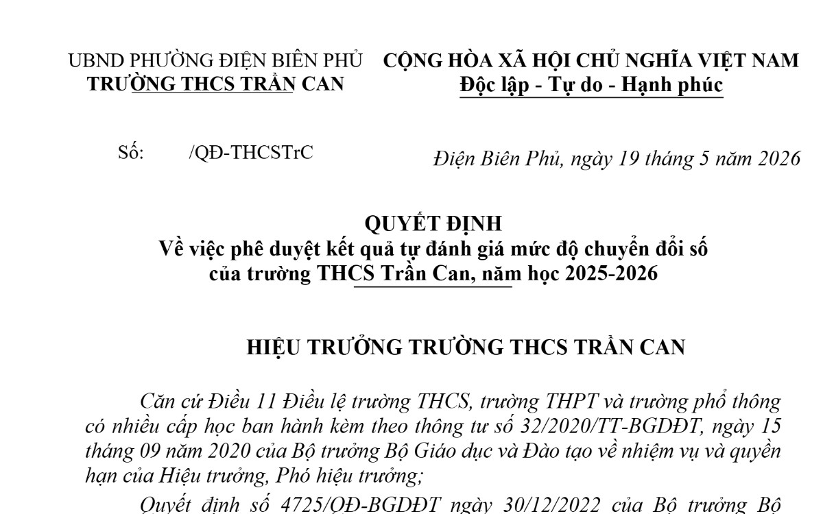 Quyết định về việc phê duyệt kết quả tự đánh giá mức độ chuyển đổi số của trường THCS Trần Can, năm học 2025-2026