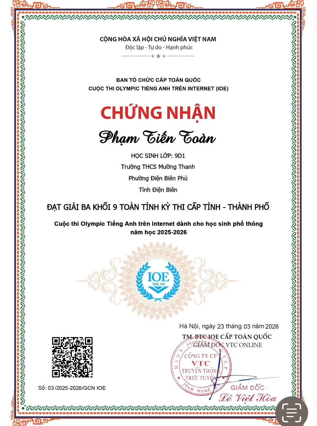 Trường THCS Mường Thanh tham gia cuộc thi Olympic tiếng anh trên internet cấp tỉnh năm học 2025-2026