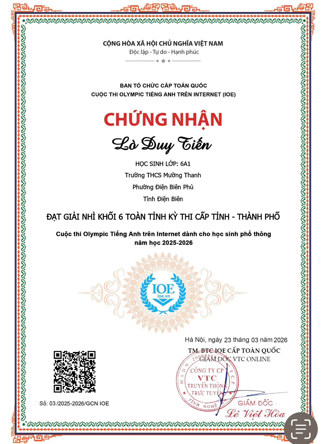 Trường THCS Mường Thanh tham gia cuộc thi Olympic tiếng anh trên internet cấp tỉnh năm học 2025-2026