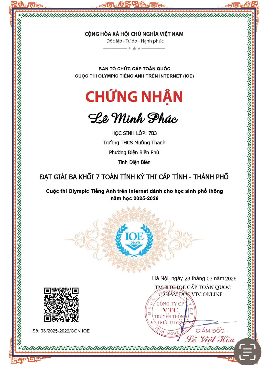 Trường THCS Mường Thanh tham gia cuộc thi Olympic tiếng anh trên internet cấp tỉnh năm học 2025-2026