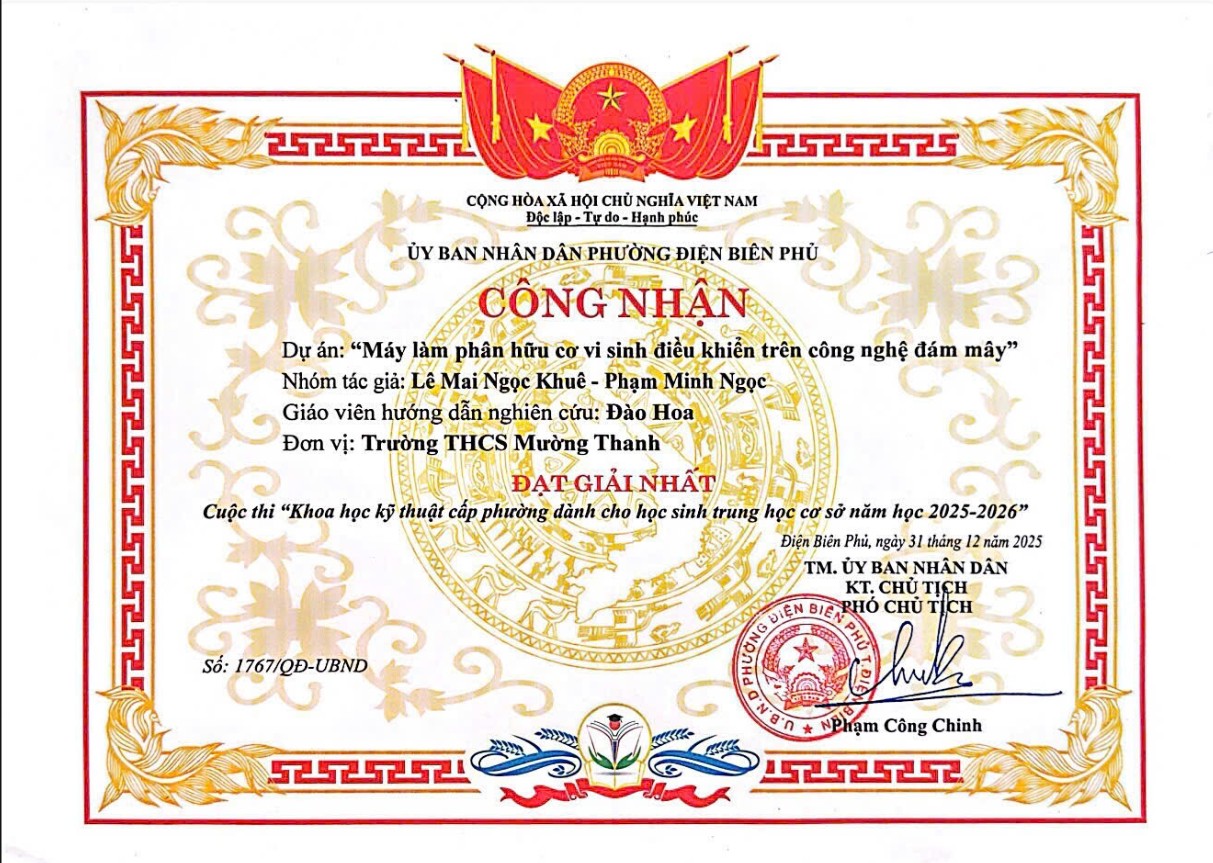 Trường THCS Mường Thanh tham dự tổng kết hội thi giáo viên giỏi cấp phường và vinh danh giáo viên, học sinh đạt thành tích trong các kỳ thi năm học 2025 – 2026.