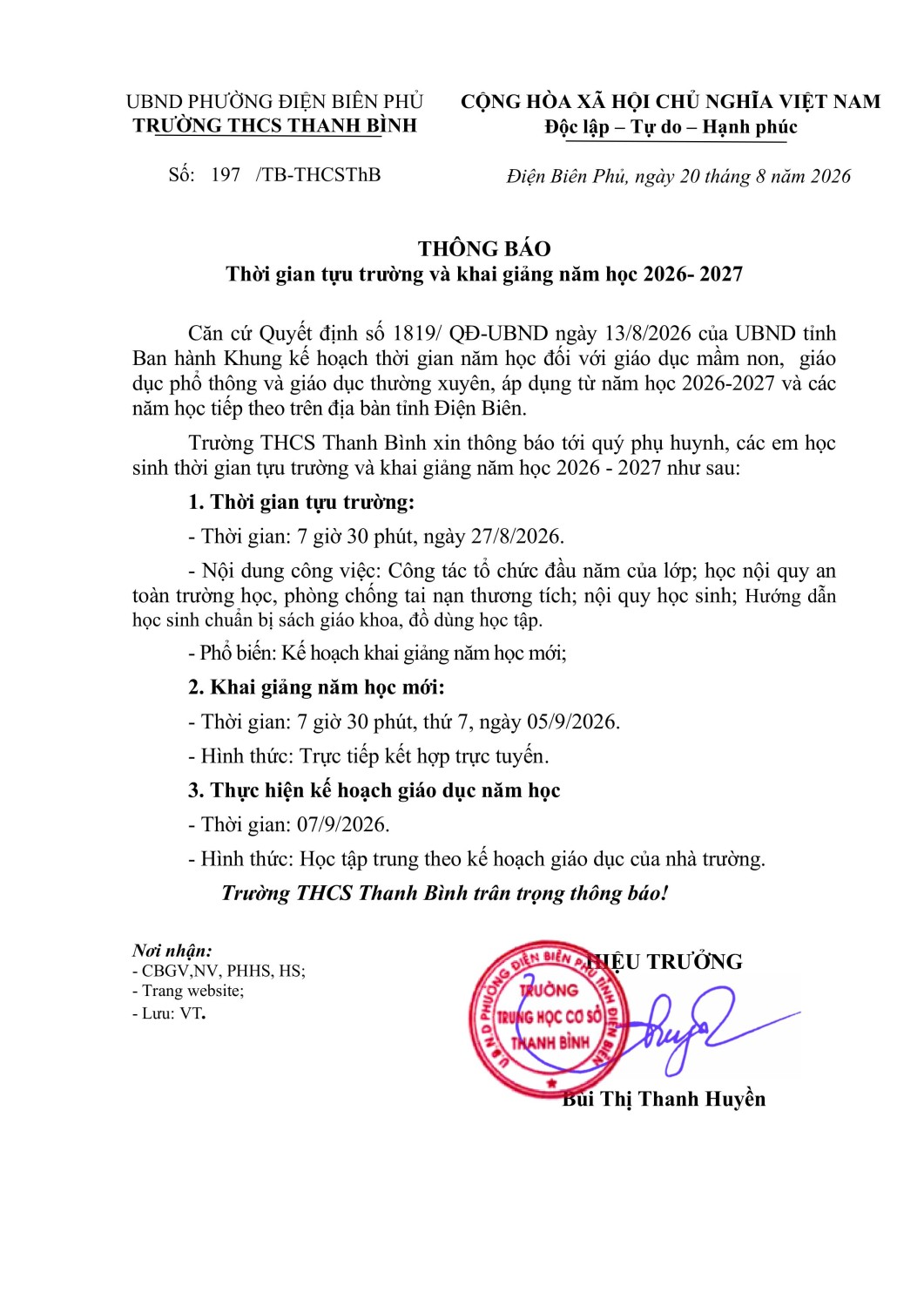 Trường THCS Thanh Bình thông báo thời gian tựu trường và thời gian khai giảng năm học 2026 - 2027
