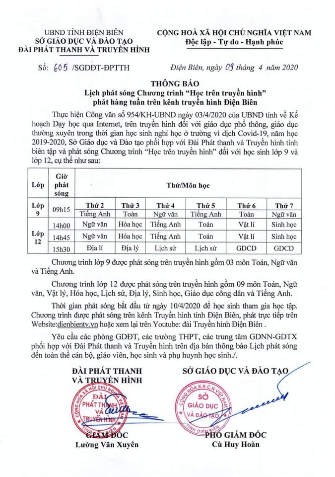 Lịch phát sóng chương trình 