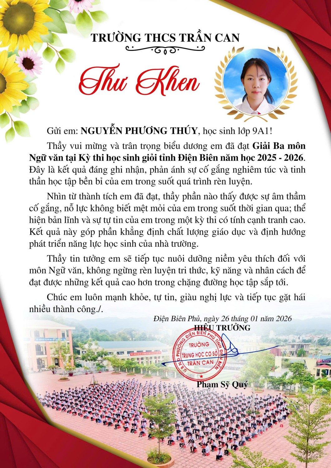 Thư khen học sinh đạt thành tích cao trong kỳ thi hsg cấp tỉnh