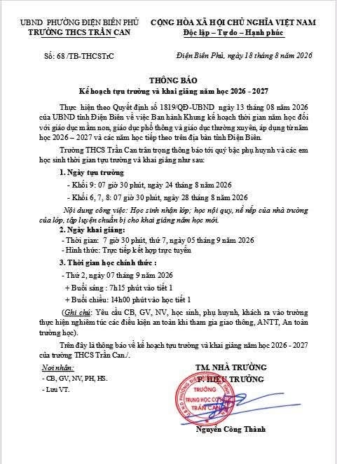 Thông báo kế hoạch tựu trường và khai giảng năm học 2026 - 2027